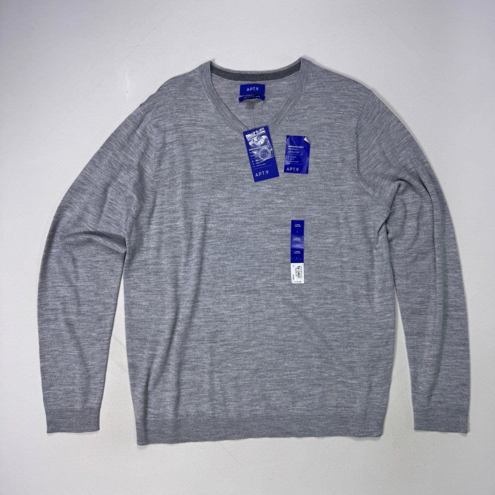 Apt. 9 Mens Large Merino Wool Blend V-Neck Sweater Gray NWT Soft Warm Luxury